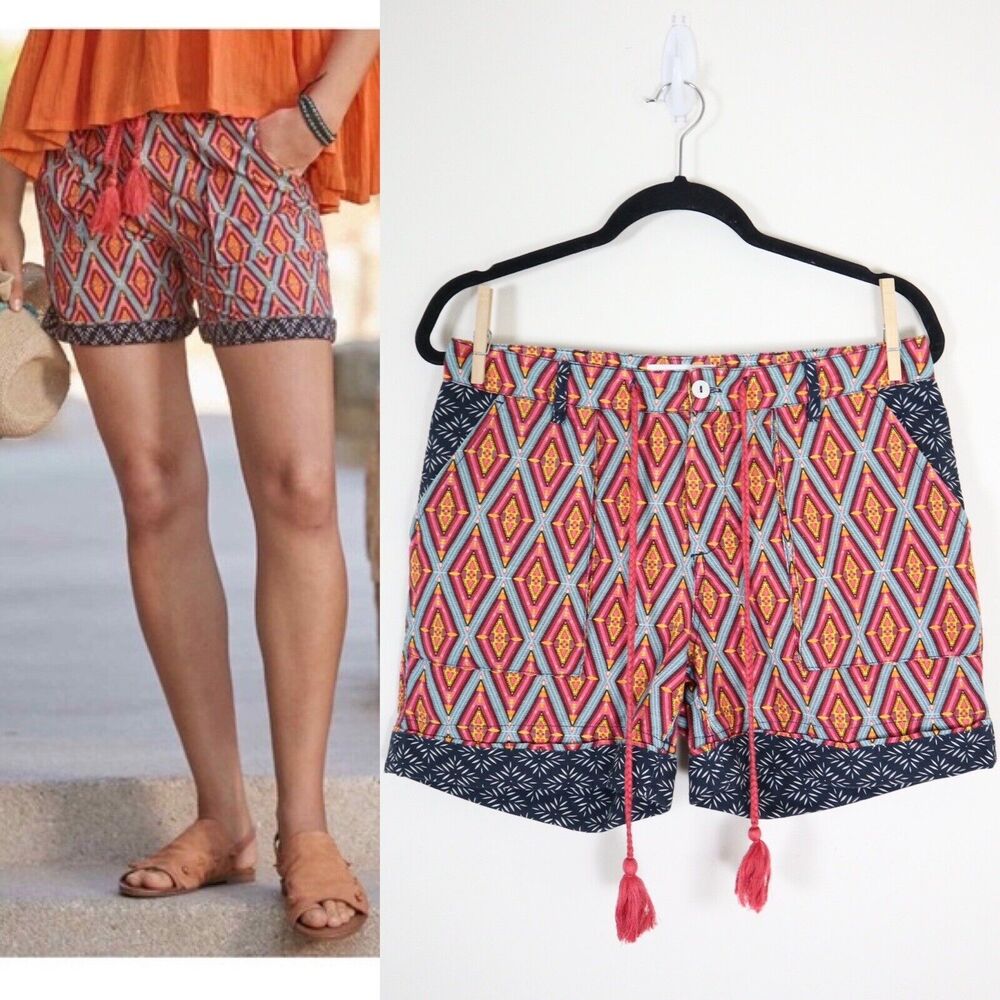 Sundance Size PS Kalini Shorts Cotton Linen Print Multicolor Diamond Cuffed